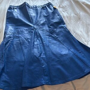 Blue Leather Panel Flared Skirt